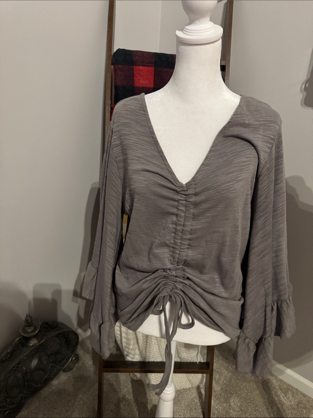 EARTHBOUND Taupe Drawstring V-Neck Ruched Front Top - Picture 3 of 5